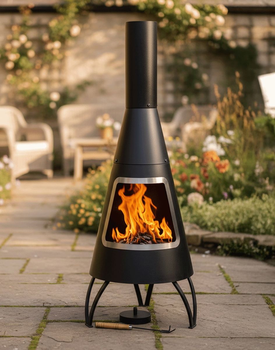 Digital Illustration of the 125cm Black & Steel Finish Contemporary Chimenea in a Sunny Walled Garden
