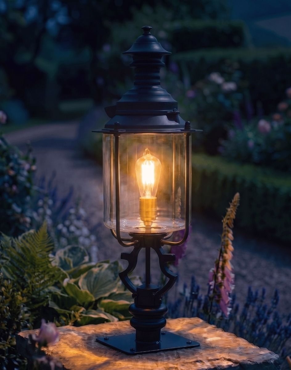 Digital Illustration of the 145cm Belgravia Pillar Light and Lantern Set Mounted on a Stone Garden Pillar Whilst Lit up at Night
