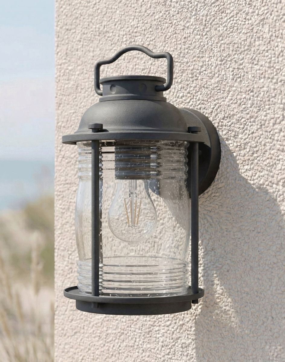 Digital Illustration of the "Bantam Bay" Medium Wall Lantern Mounted on a Textured Garden Wall