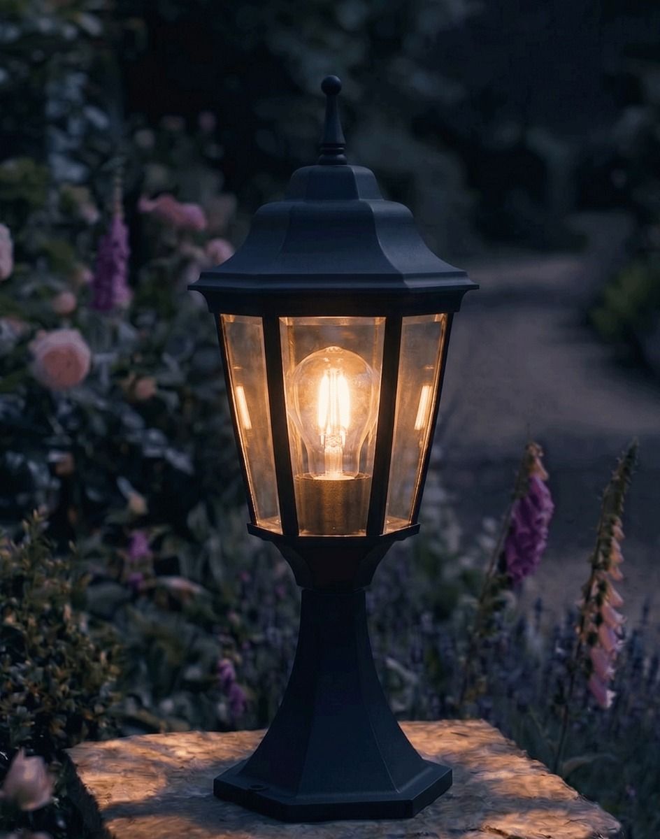 Digital Illustration of the "Carmen" Black Pillar Light Mounted on a Stone Garden Pillar and Lit up at Night
