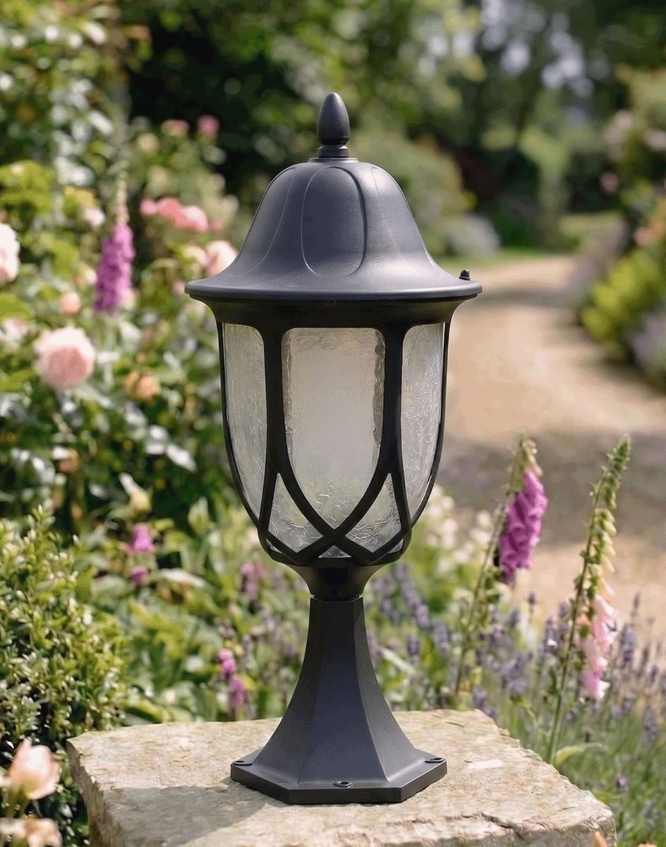 Digital Illustration of the "Celene" Black Frosted Glass Pillar Light Mounted on a Stone Garden Pillar