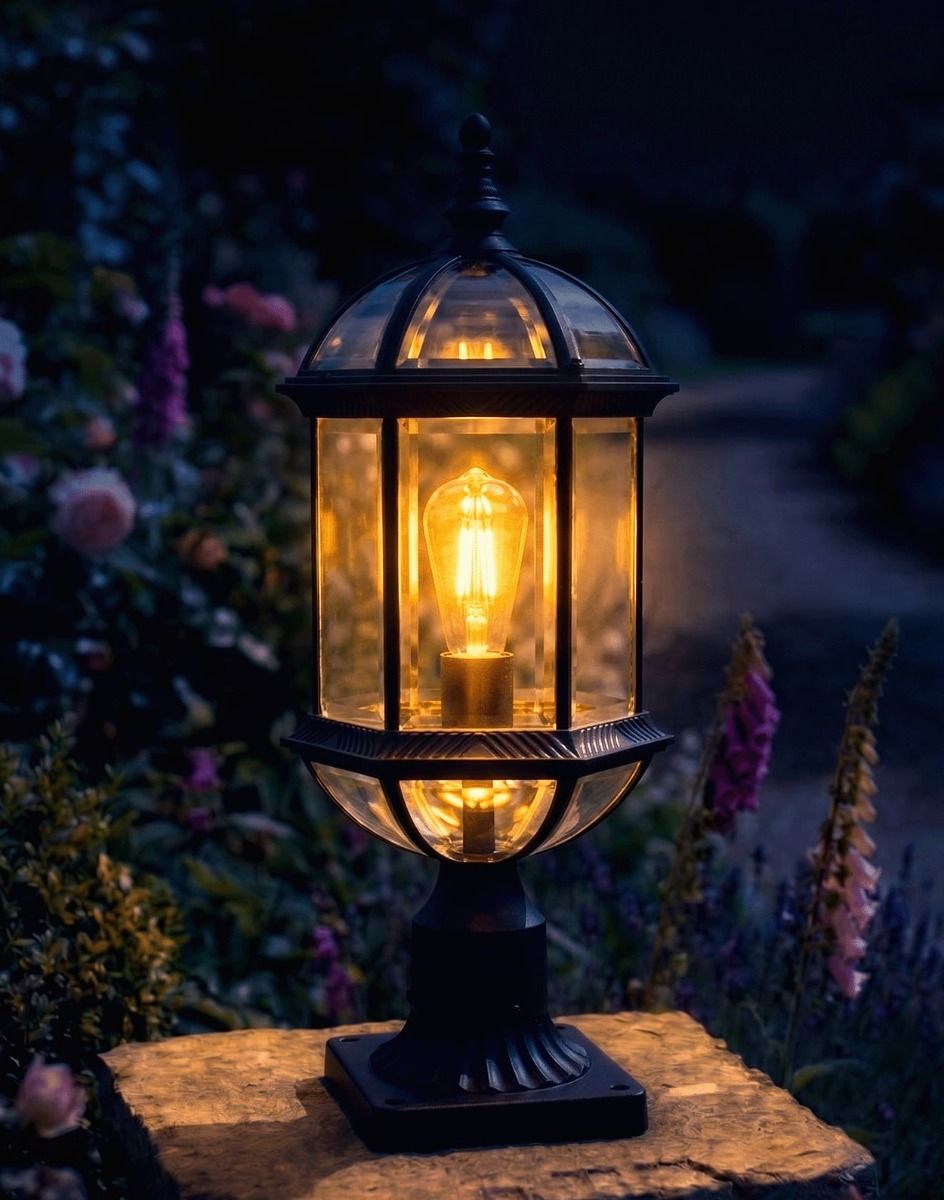 Digital Illustration of the "Chichester" Traditional Pillar Light Mounted on a Stone Garden Pillar and Lit up at Night