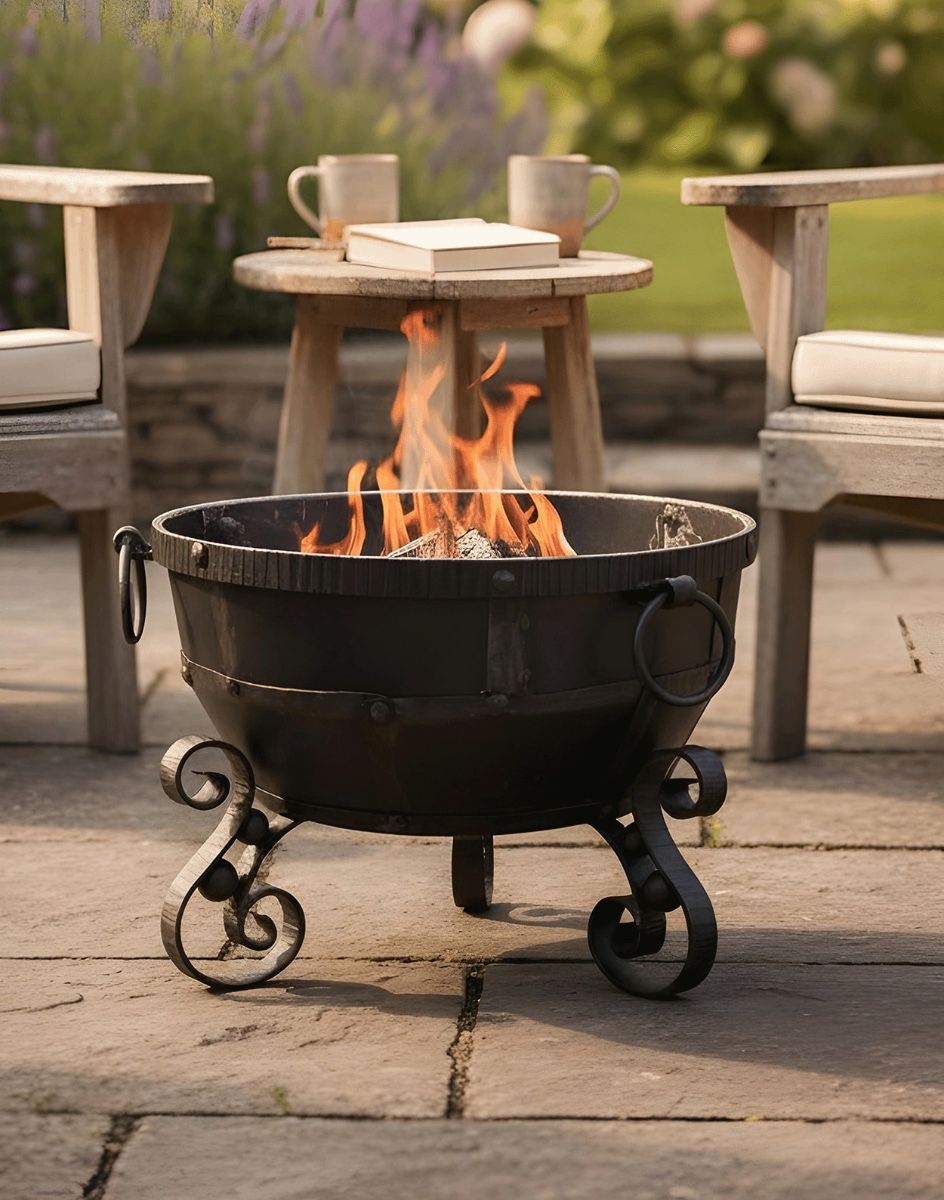 Digital Illustration of the "Dipendu" Wrought Iron Kadai Fire Pit Fully Lit Next to Garden Furniture