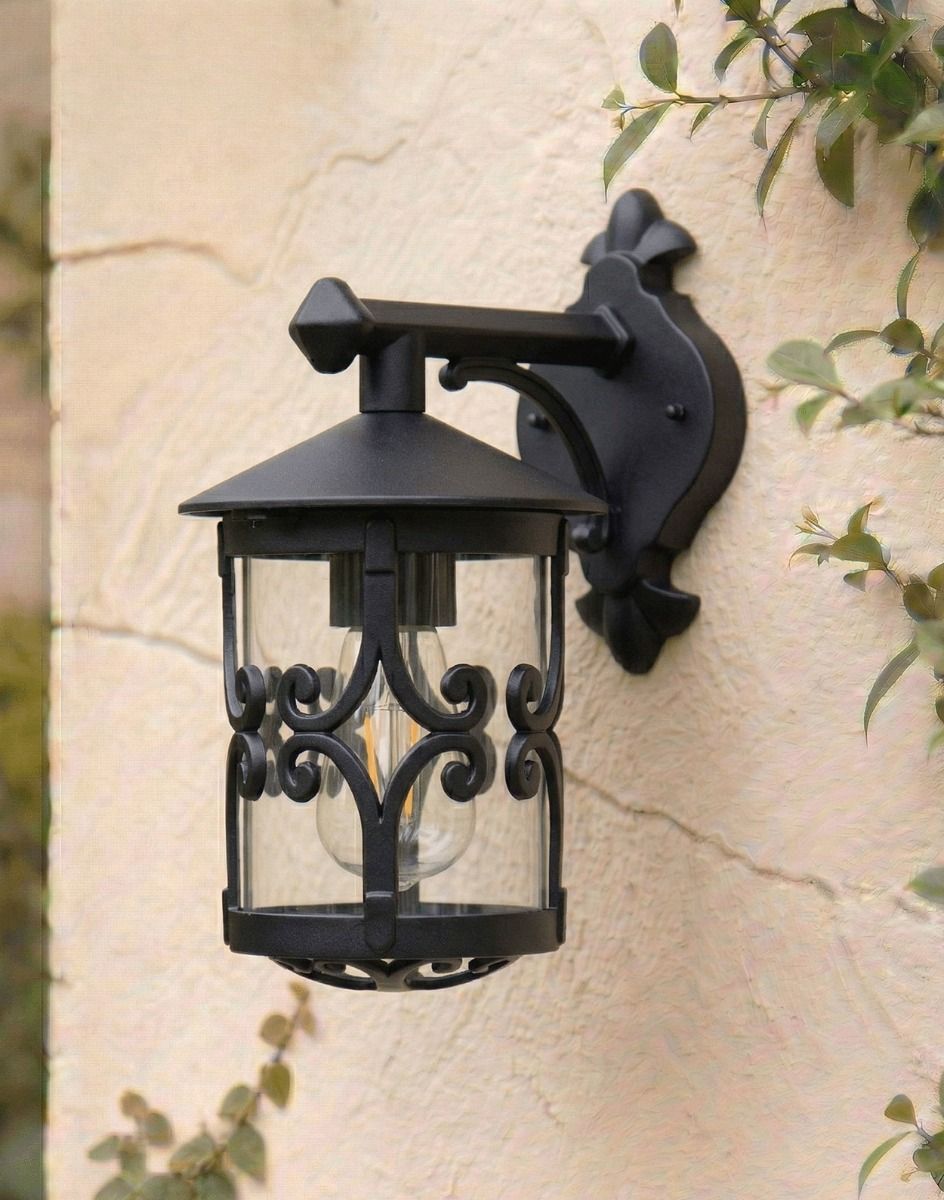 Digital Illustration of the "Ebberton" Scrolled Design Traditional Top Fix Wall Lantern Mounted on a Cream Coloured Garden Wall