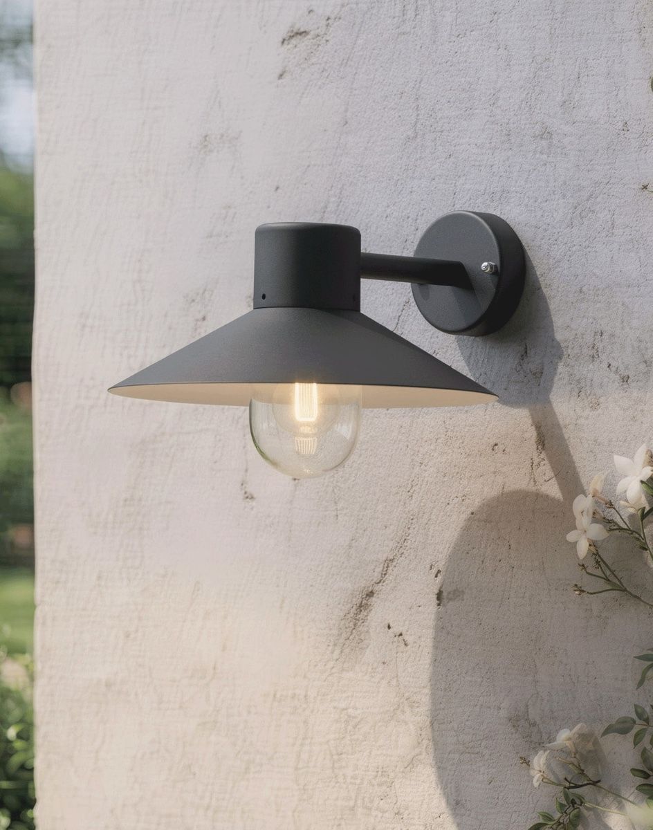 Digital illustration of the "Harrow" Contemporary Black Cone Shaded Wall Light Fixed to a Cream Coloured Exterior Wall