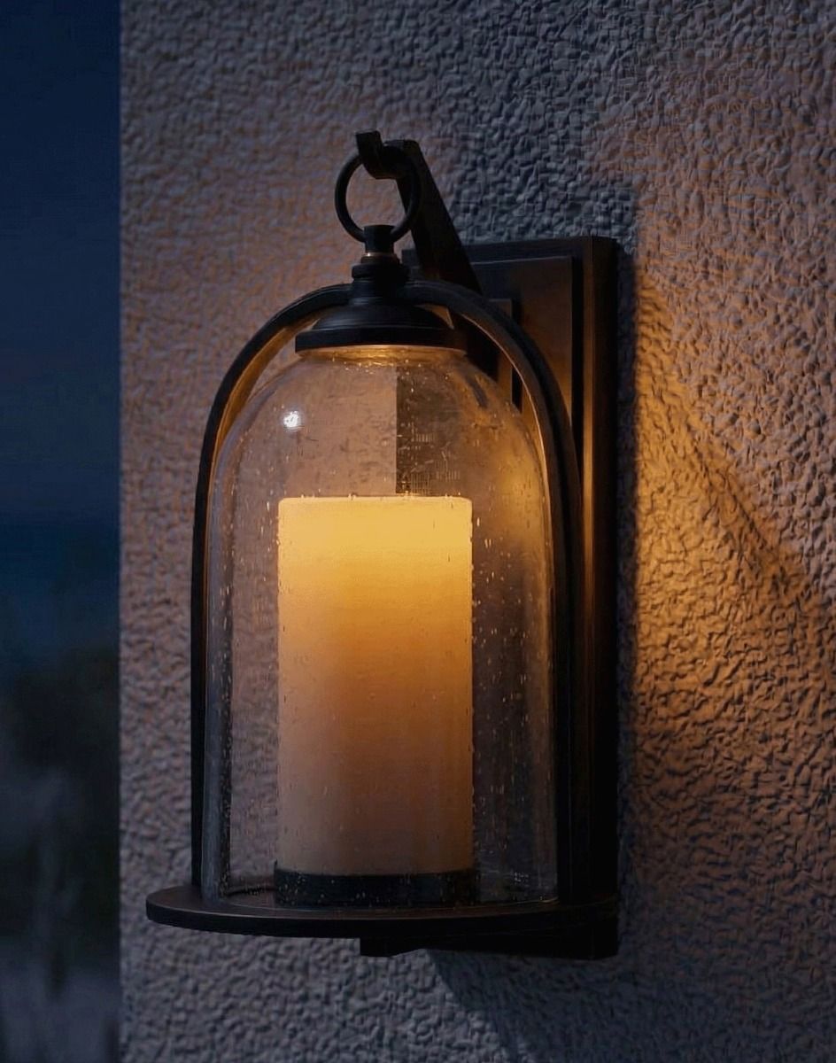 Digital Illustration of the "Maine" Traditional Large Bronze Lantern with Candle Effect Lit up at Night