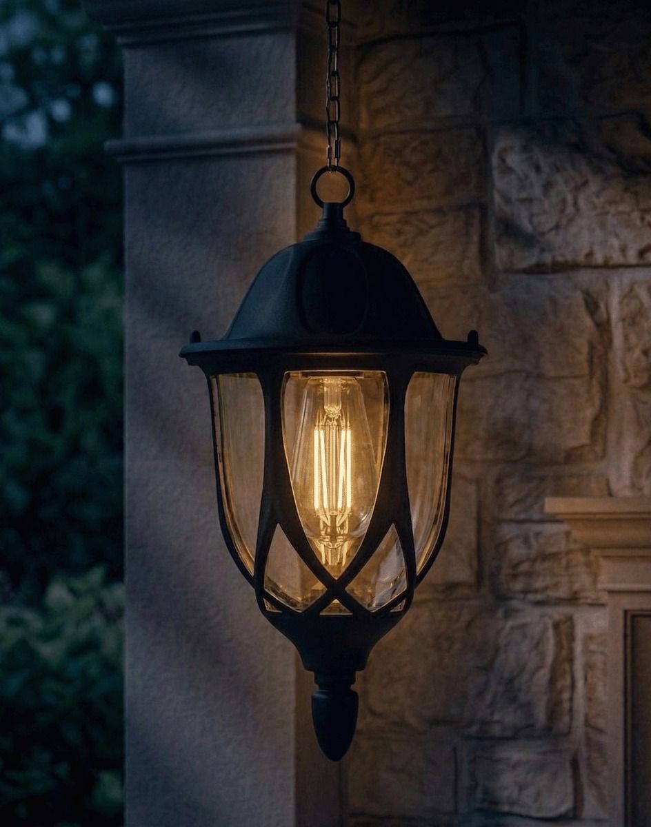 Digital Illustration of the "Middleton" Chain Hanging Porch Light Lit up at Night