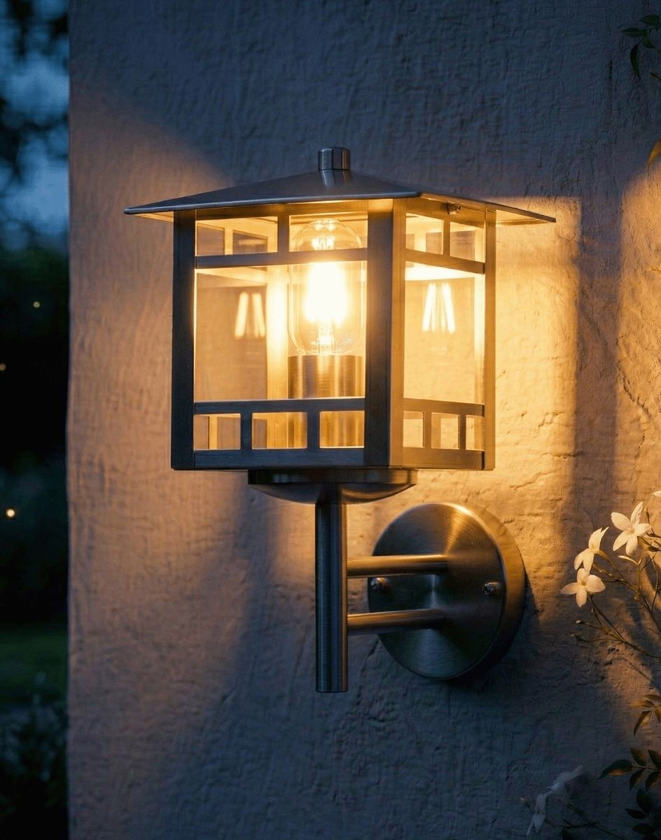 Digital Illustration of the "Narva" Stainless Steel Wall Lantern Lit up at Night