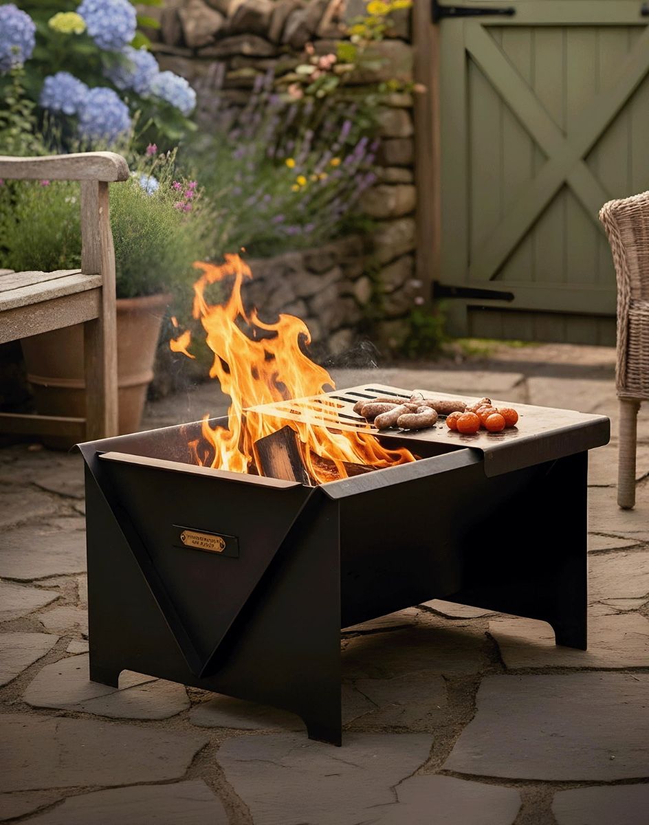 Digital Illustration of the "Pack Away" Fire Pit Fully Lit with Sausages Cooking on the Grill 