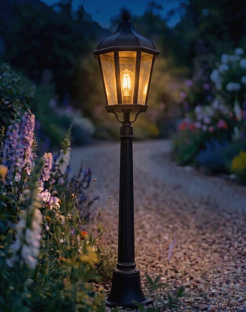 Digital Illustration of the "The Grange" Traditional Hexagonal Pillar Light Positioned on a Flowery Gravel Driveway Entrance Whilst Lit up at Night