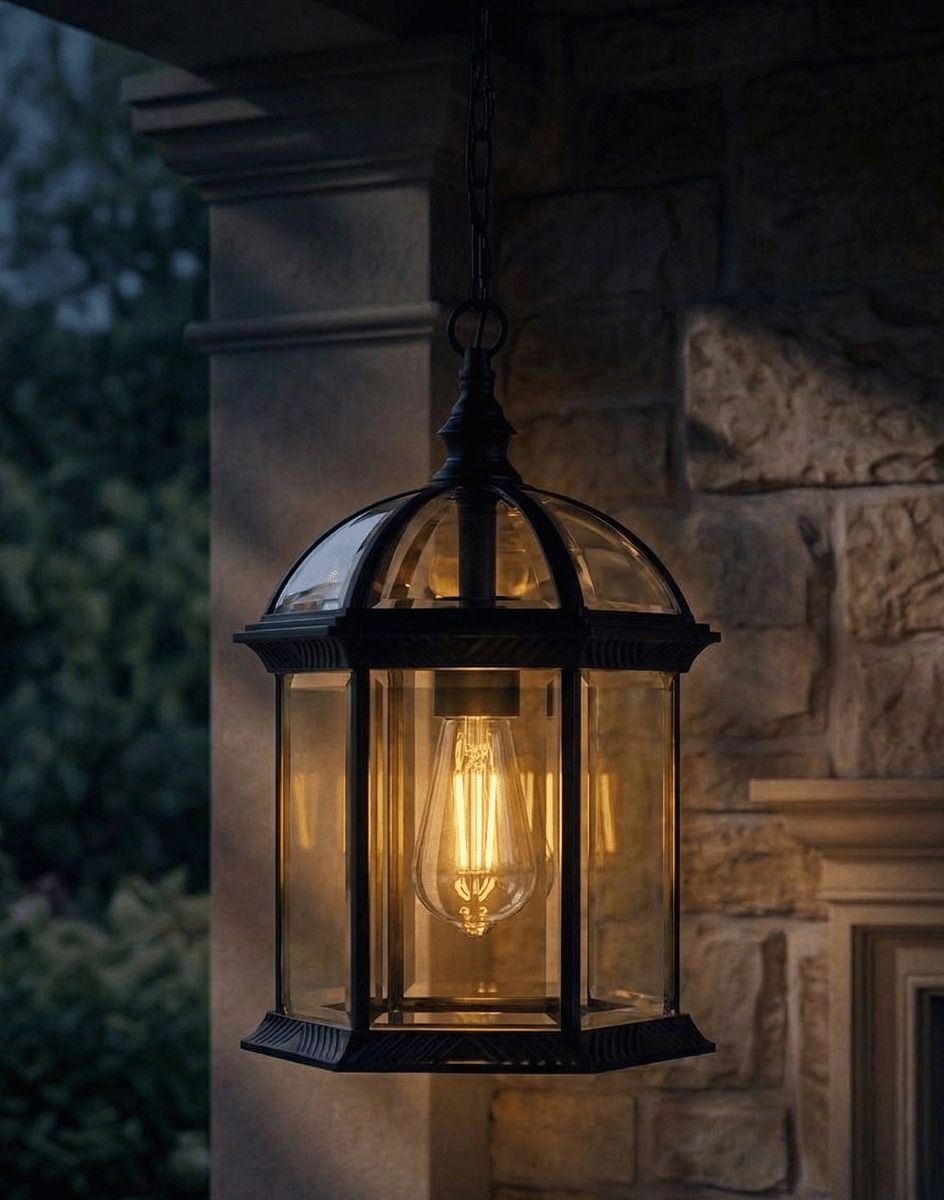 Digital Illustration of the "Wentworth" Chain Hanging Porch Light Lit up at Night