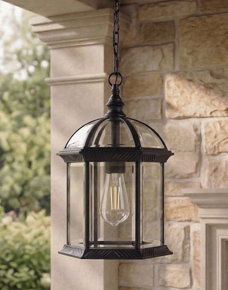 Digital Illustration of the "Wentworth" Chain Hanging Porch Light Suspended over a Traditional House Entranceway