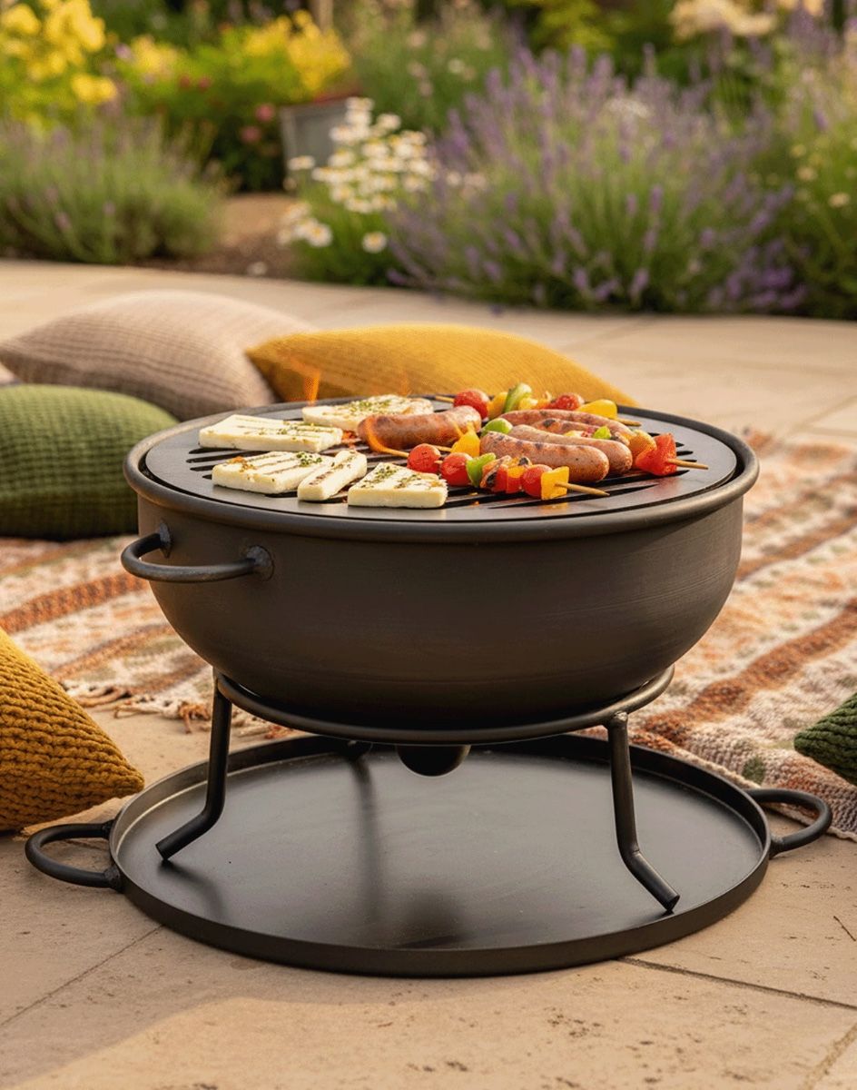 Digital Illustration of the 2 in 1 Camping Fire Pit & Roasting Oven on a Sunny Garden Patios with Cushio Seating