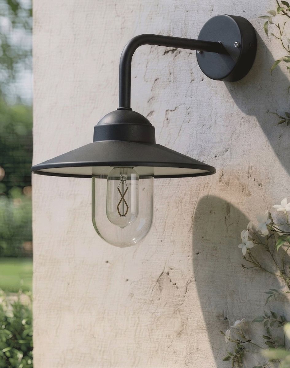 Digital Illustration of the 34cm Version of the Modern Black Top Fix Wall Light Mounted on a Cream Coloured Exterior Wall