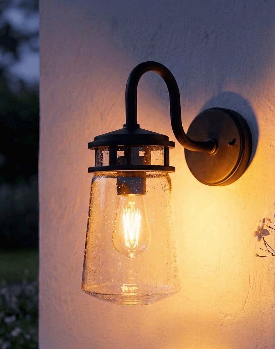 Digital Illustration of the 38cm "Elmwood" Vintage Bronze Seeded Glass Lantern Lit up at Night