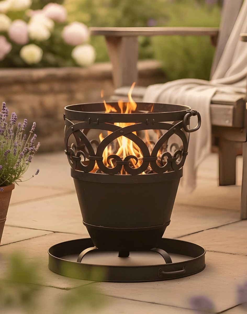 Digital Illustration of the 41cm Deluxe "Cradley" BBQ & Wood Burner Lit with Comfy Garden Furniture in the Background