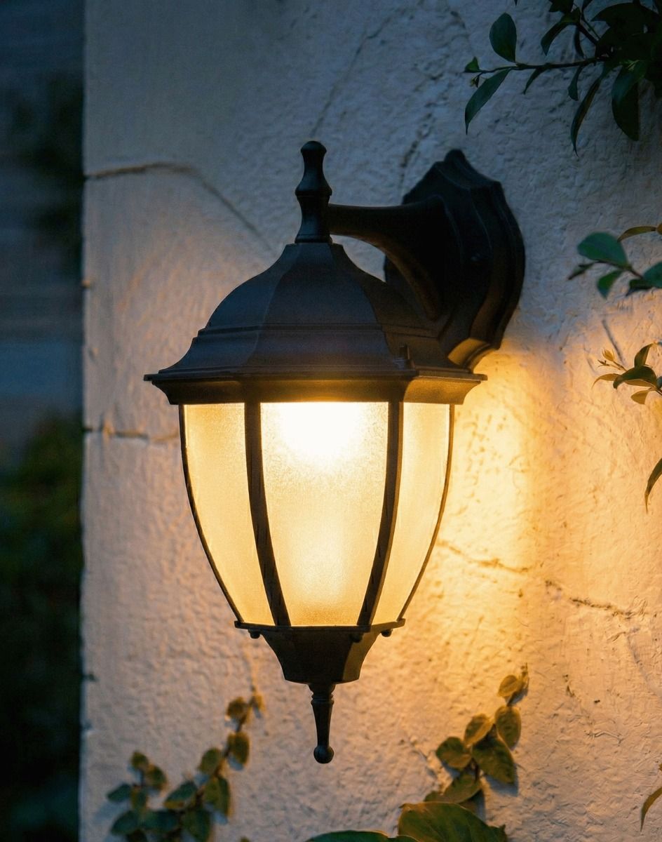 Digital Illustration of the 44cm Version of the Traditional Black "Winter Frost" Aluminium Victorian Top Fix Wall Lantern Lit up at Night