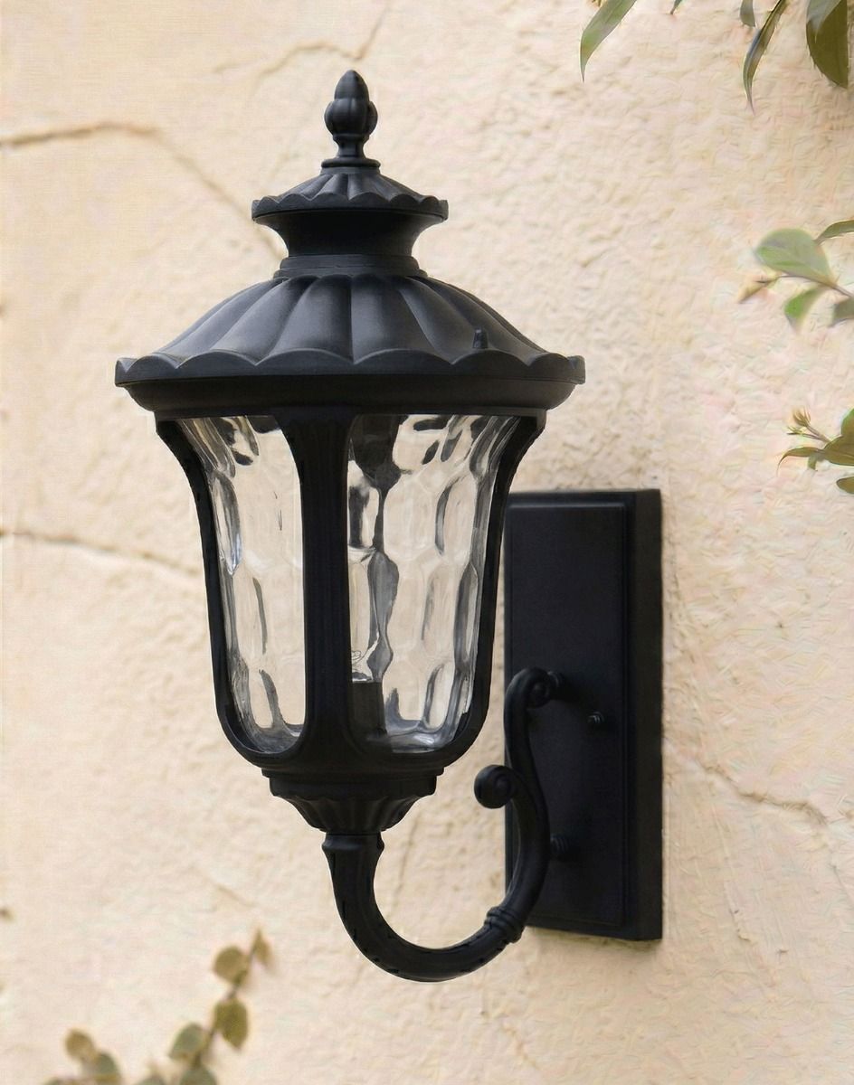 Digital Illustration of the 55.5cm Black Traditional Aluminium Ornate Victorian Lantern Mounted on a Rustic Cream Garden Wall 