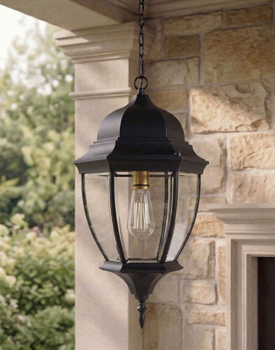 Digital Illustration of the 56cm "Thornhill" Chain Hanging Porch Lantern Suspended Above a Stone Covered Porch
