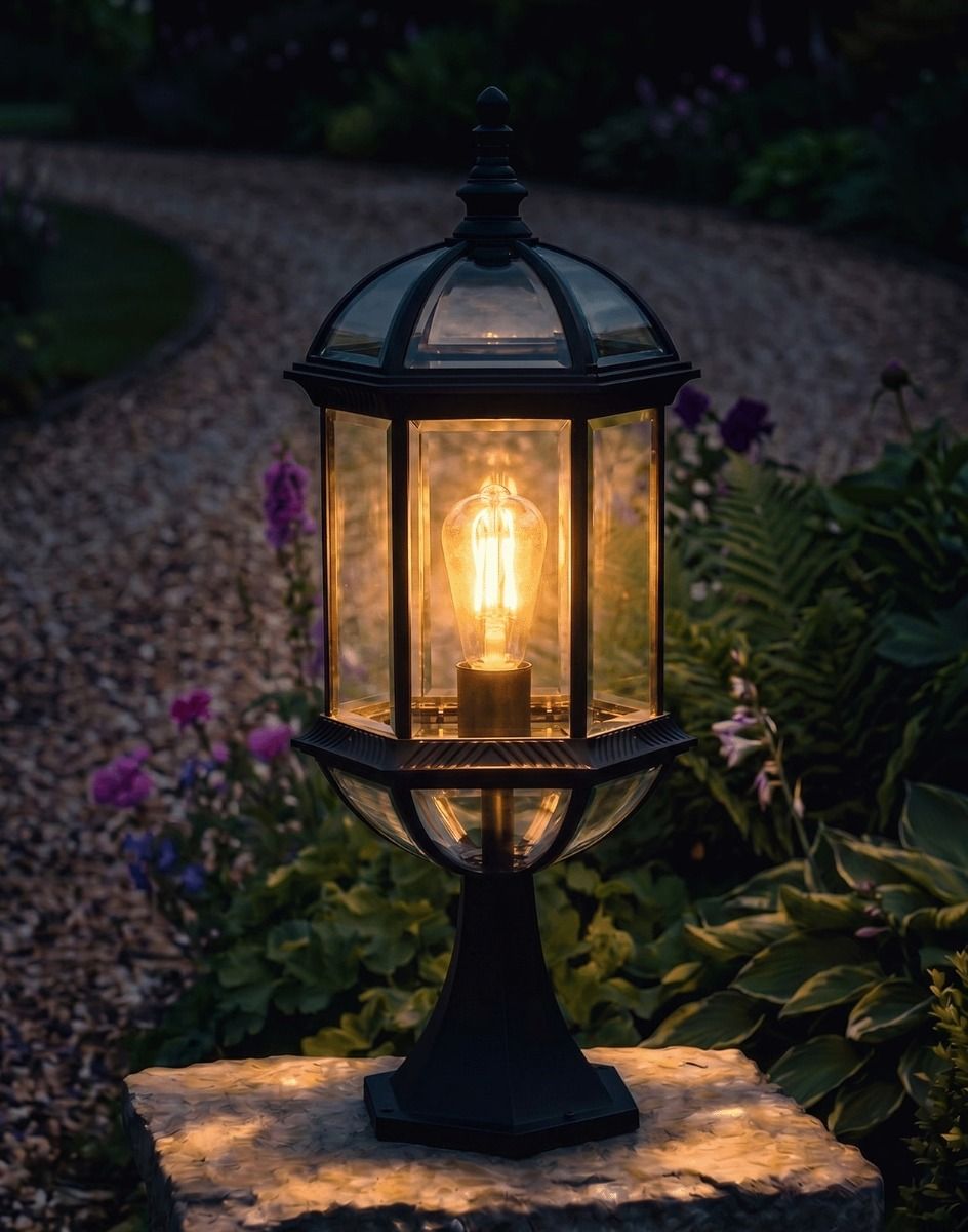 Digital Illustration of the 60cm Glass "Dome" Pillar Light Mounted on a Stone Garden Wall Pillar Whilst Lit up at Night
