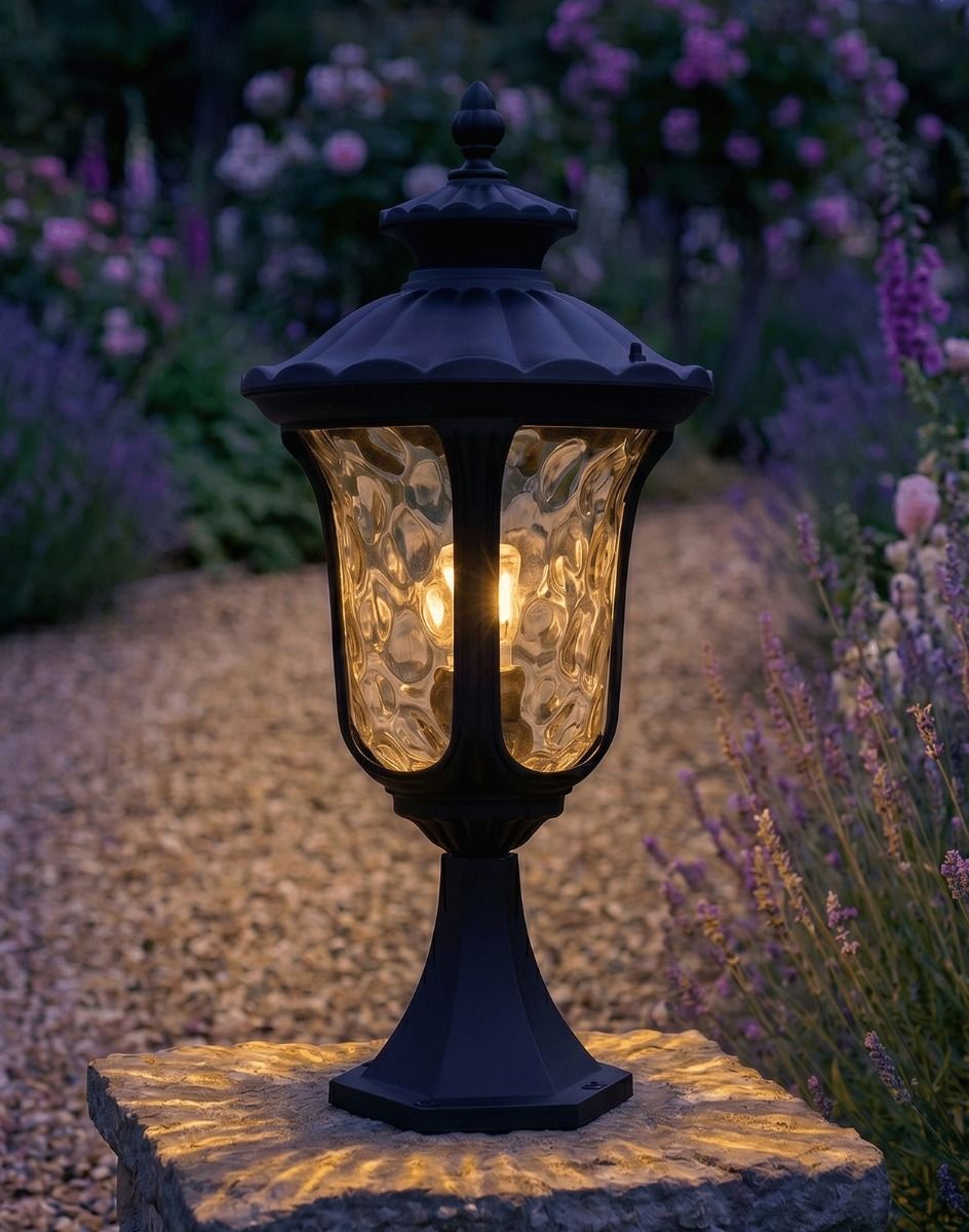 Digital Illustration of the 60cm "Lucendi" Traditional Pillar Light Mounted on a Stone Garden Pillar next to a Gravel Path and Lit up at Night