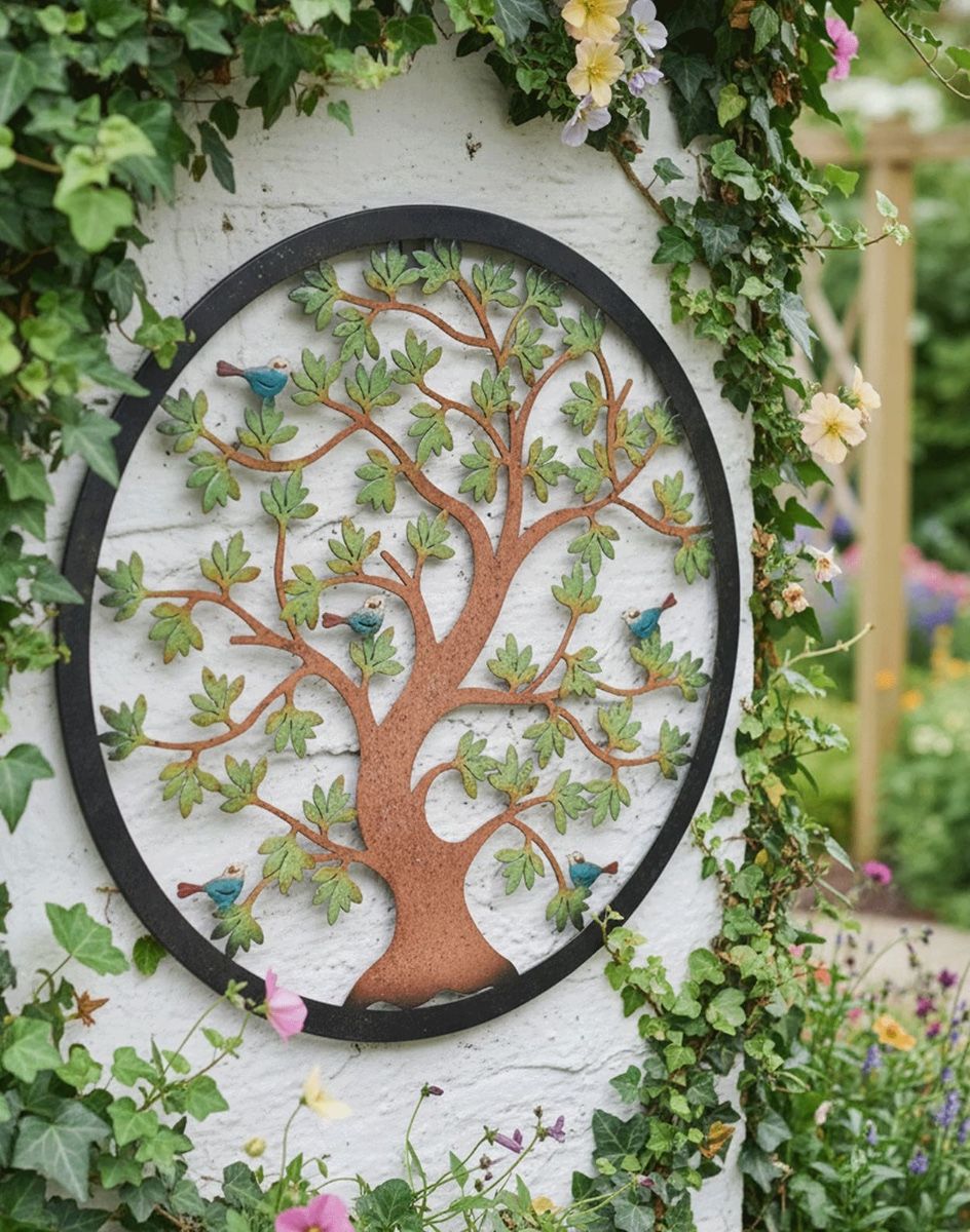Digital Illustration of the 60cm Version of the Multi-Coloured Circular "Tree of Life" Garden Wall Art on the Corner of a White Garden Wall Covered in Ivy