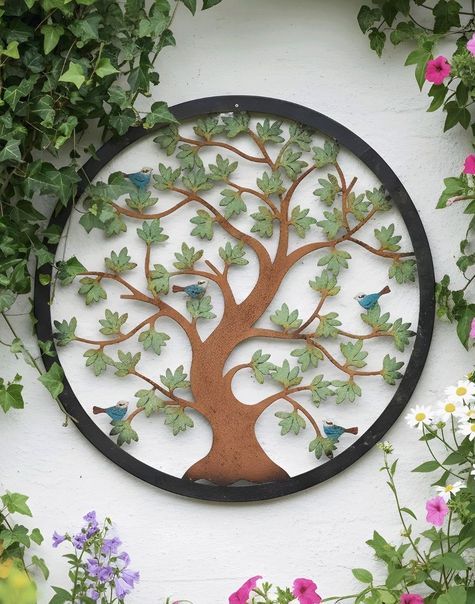 Digital Illustration of the 60cm Version of the Multi-Coloured Circular "Tree of Life" Garden Wall Art on the Side of a White Garden Building