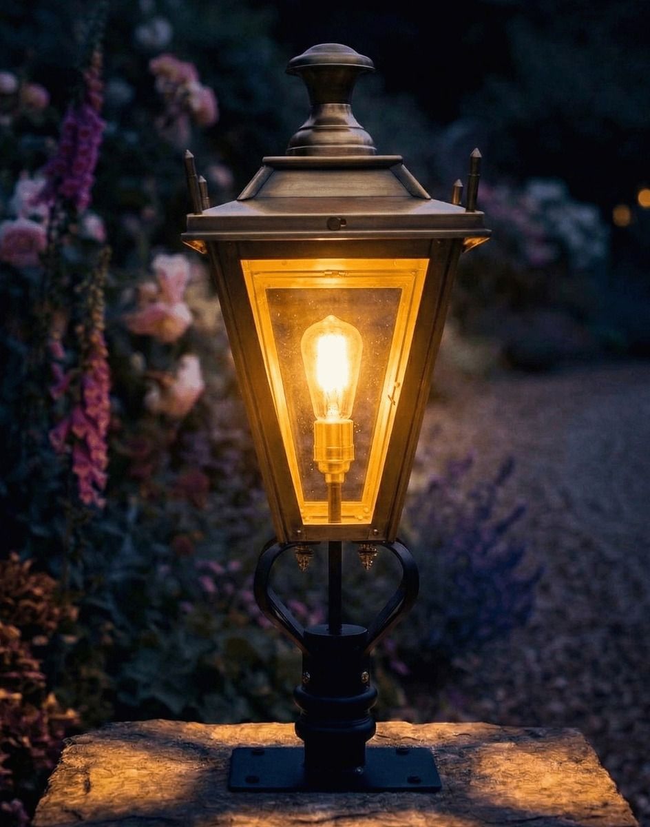 Digital Illustration of the 61cm Antique Brass Dorchester Lantern Mounted on a Stone Garden Pillar Viewed Face on and Lit up at Night