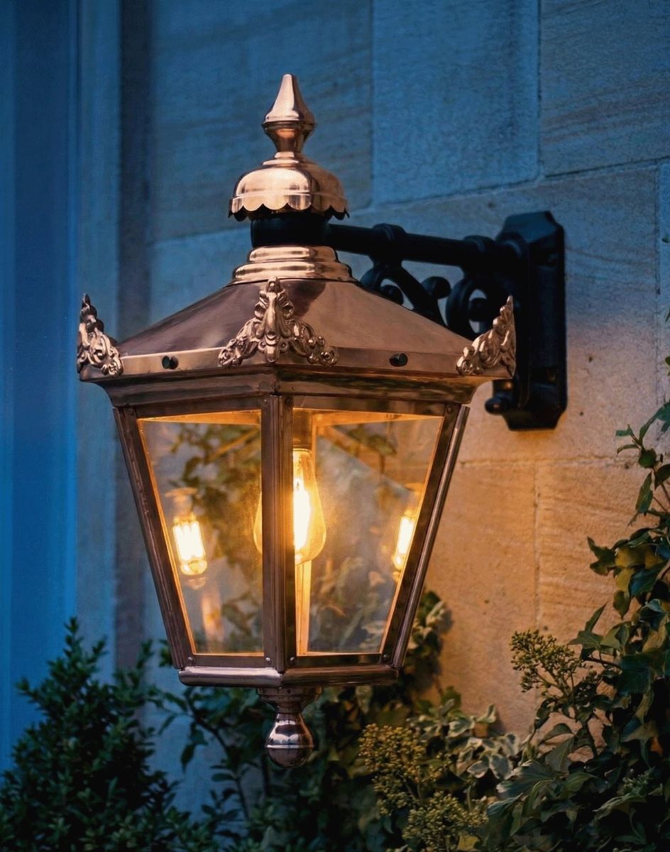 Digital Illustration of the 63 x 47.5cm Version of the Large Copper Hanging Wall Lantern Lit up at Night 