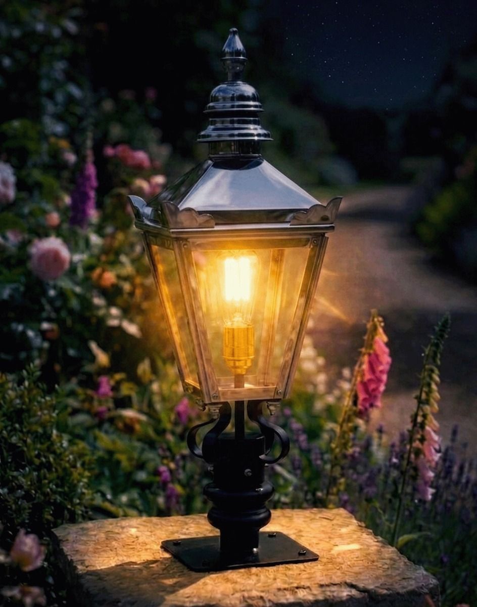 Digital Illustration of the 64cm Bright Chrome Harrogate Pillar Light and Lantern Set Mounted on a Stone Garden Pillar Lit up at Night