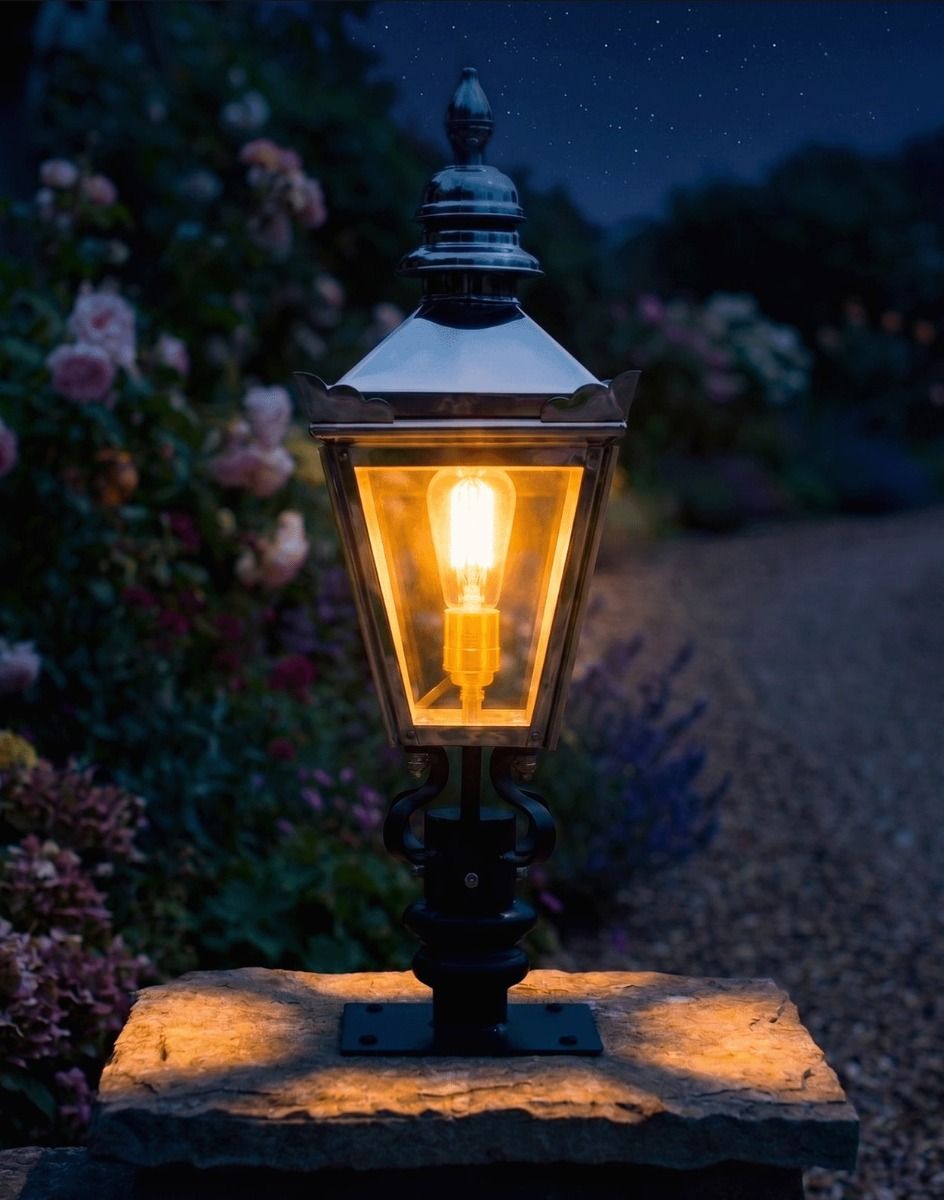 Digital Illustration of the 64cm Bright Chrome Harrogate Pillar Light and Lantern Set Mounted on a Stone Garden Pillar Viewed Face on and Lit up at Night