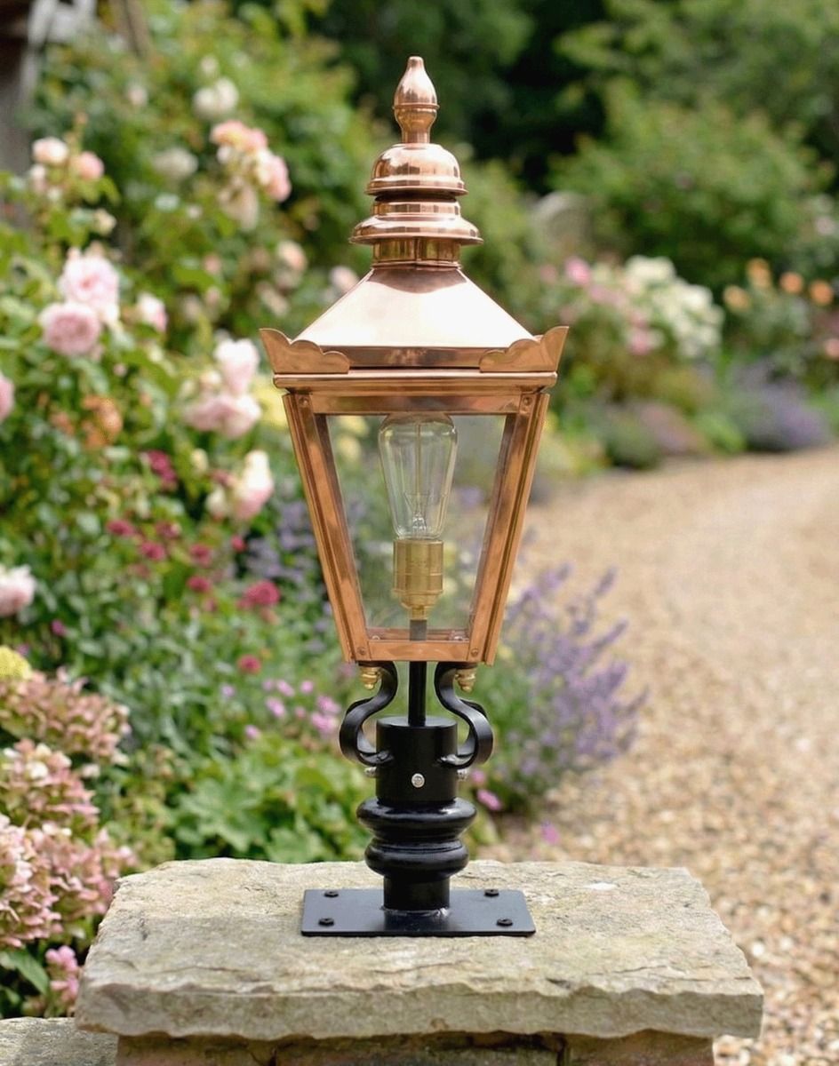 Digital Illustration of the 64cm Copper Harrogate Pillar Light and Lantern Set Mounted on a Garden Pillar from a Front Facing View
