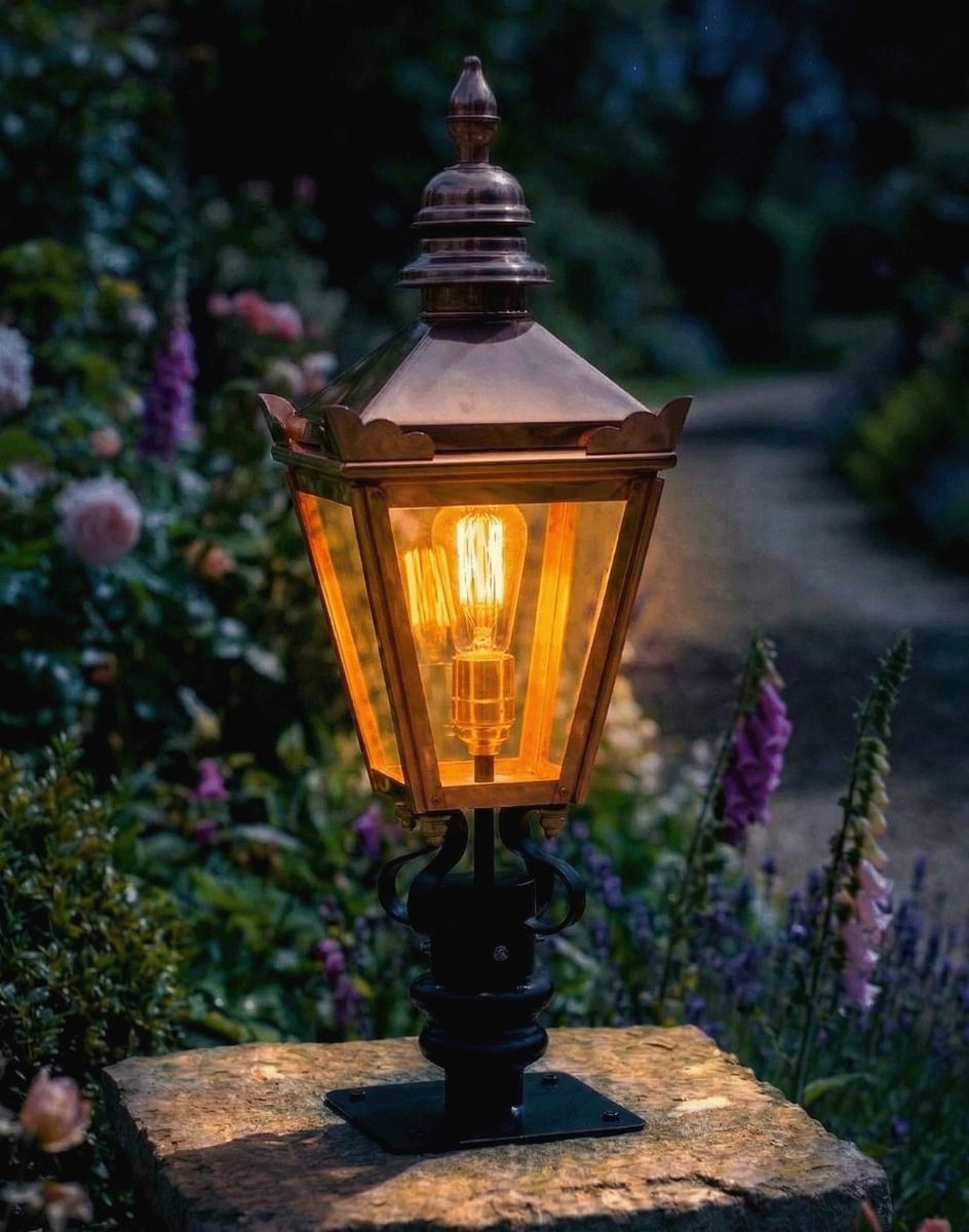 Digital Illustration of the 64cm Copper Harrogate Pillar Light and Lantern Set Mounted on a Garden Pillar from an Angled view Lit up at Night