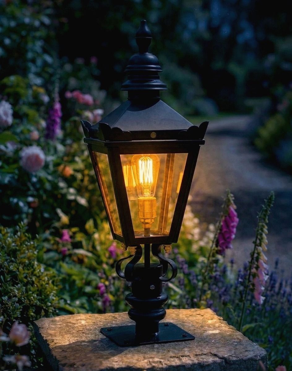 Digital Illustration of the 64cm Harrogate Pillar Light and Lantern Set Mounted on a Garden Wall from an Angled View Lit up at Night