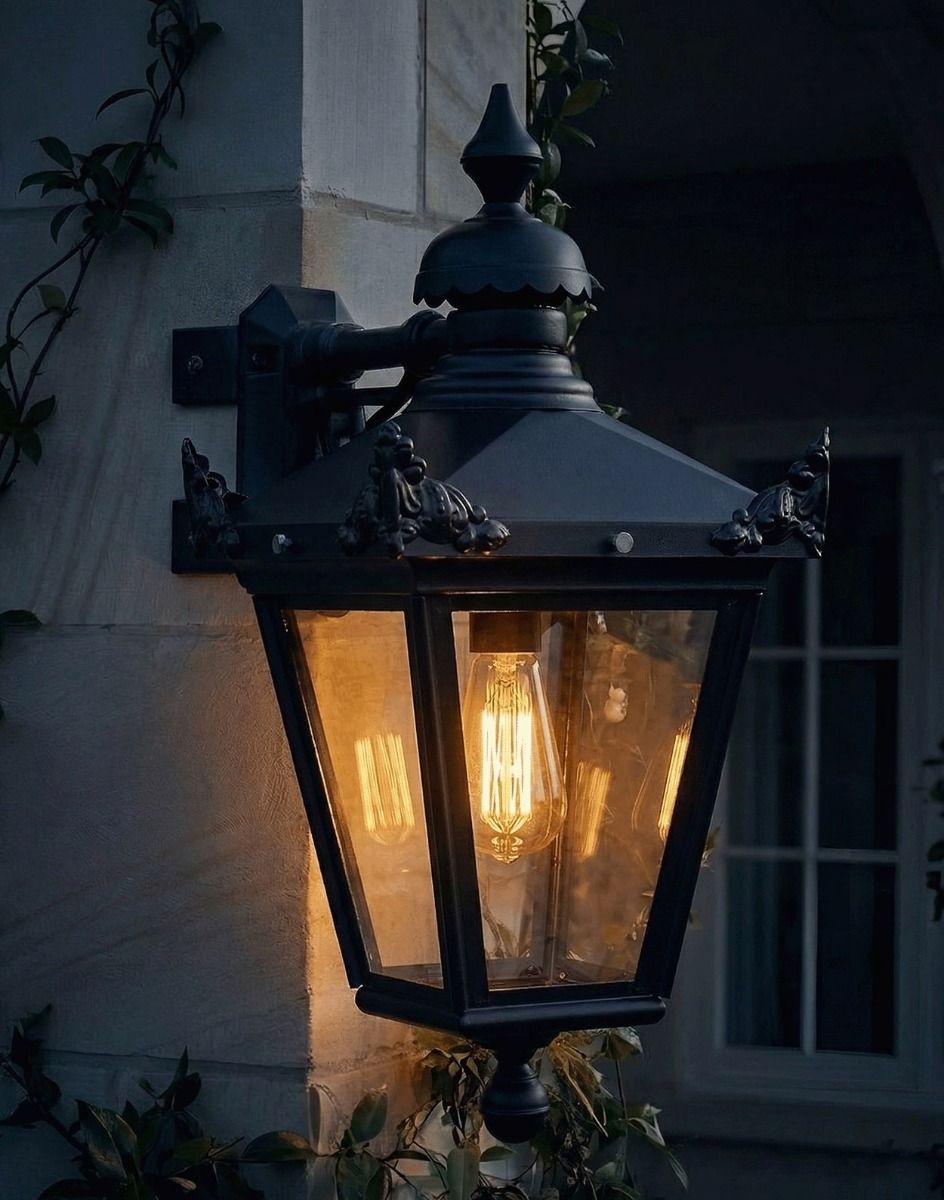 Digital Illustration of the 66 x 48cm Large Victorian Top-Fix Corner Wall Lantern lit up at Night