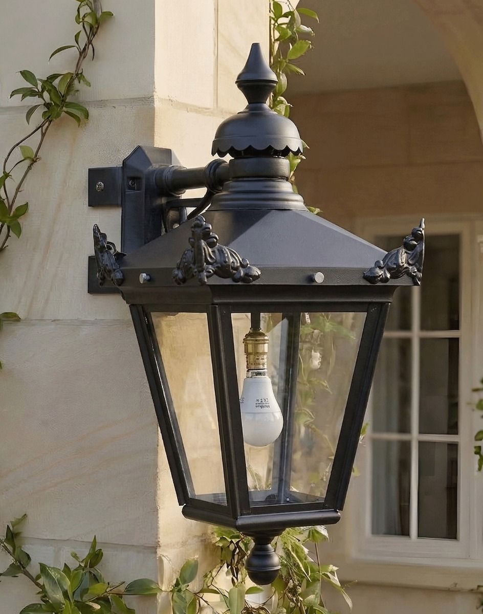 Digital Illustration of the 66 x 48cm Large Victorian Top-Fix Corner Wall Lantern Mounted on a Traditional Sandstone Brick Building Wall