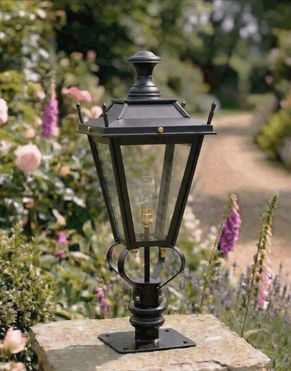 Digital Illustration of the 71cm Black Dorchester Pillar Light and Lantern Set Mounted on a Stone Garden Pillar Surrounded by Flowers