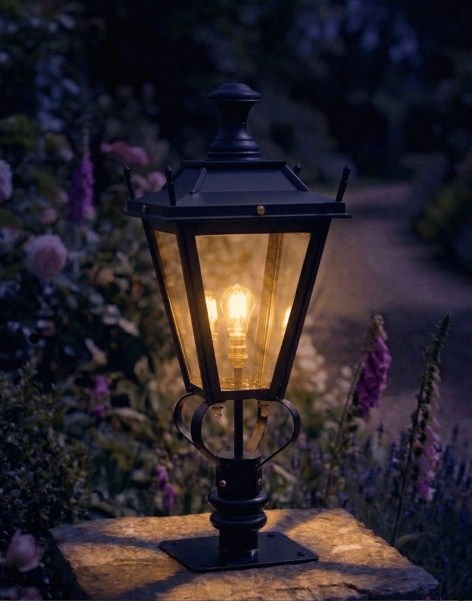 Digital Illustration of the 71cm Black Dorchester Pillar Light and Lantern Set Mounted on a Stone Garden Pillar Surrounded by Flowers lit up at Night