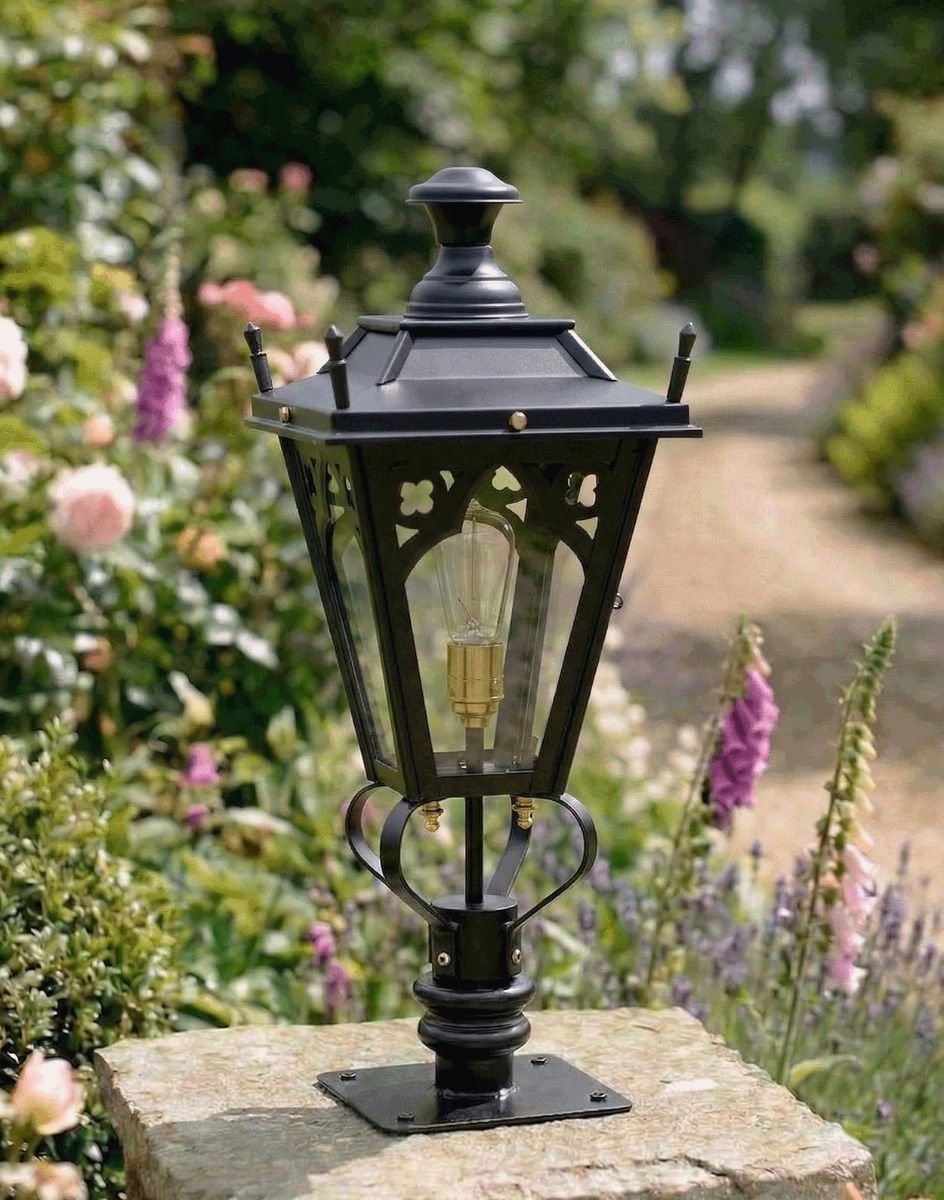 Digital Illustration of the 71cm Black Gothic Pillar Light and Lantern Set Mounted on a Garden Pillar from an Angled View 