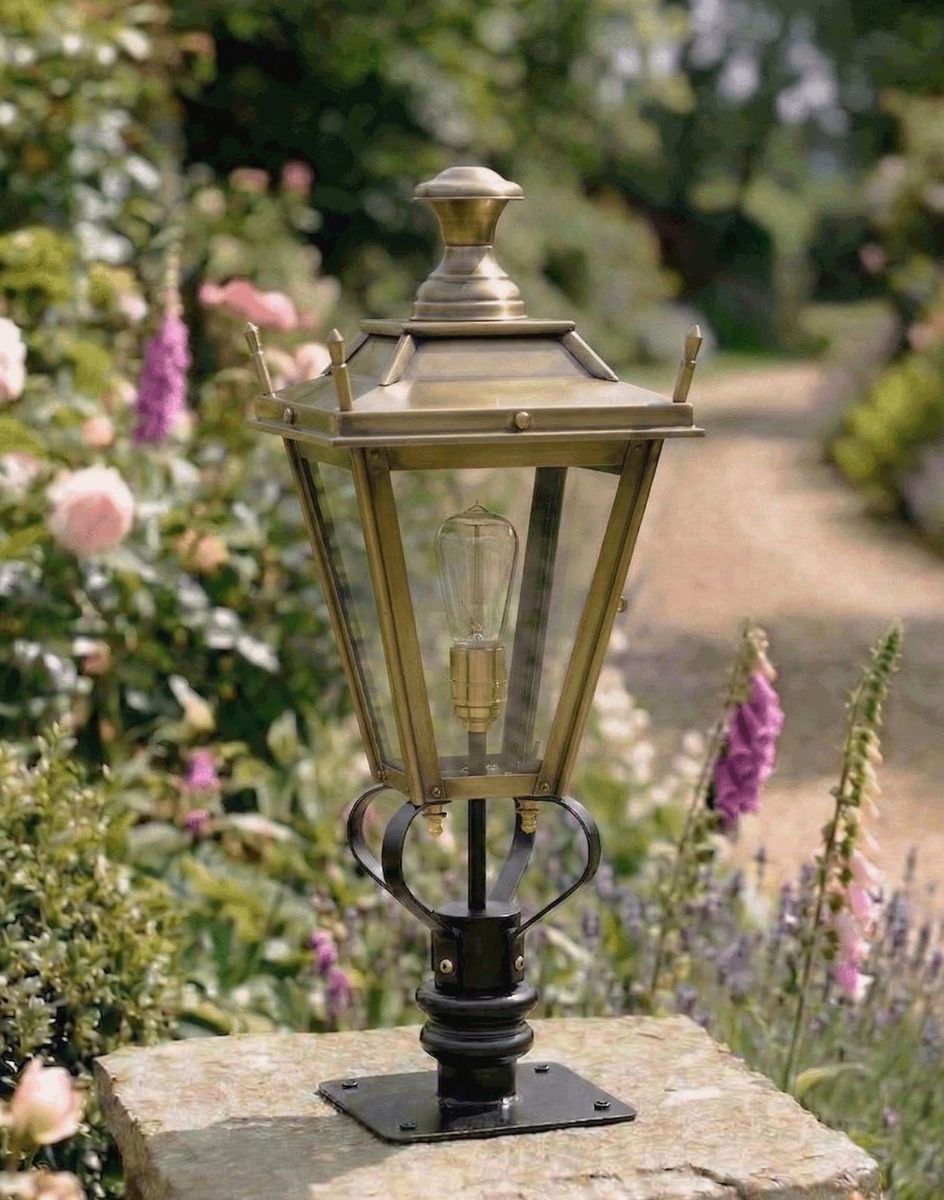 Digital Illustration of the 71cm Brass Dorchester Pillar Light and Lantern Set Mounted on a Stone Garden Wall Pillar