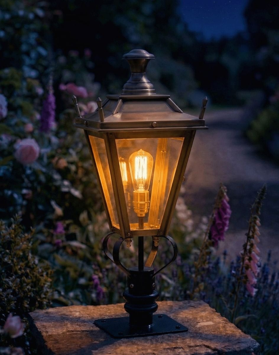 Digital Illustration of the 71cm Brass Dorchester Pillar Light and Lantern Set Mounted on a Stone Garden Wall Pillar Whilst lit up at Night