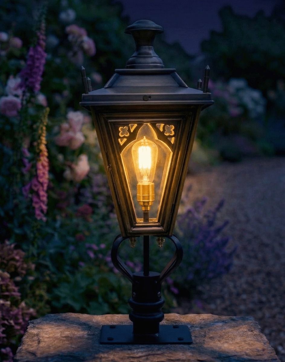 Digital Illustration of the 71cm Brass Gothic Pillar Light and Lantern Set Mounted on a Stone Garden Pillar from a Front Facing View Lit up at Night