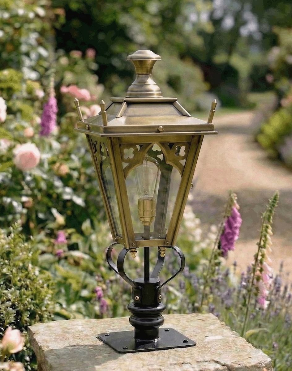 Digital Illustration of the 71cm Brass Gothic Pillar Light and Lantern Set Mounted on a Stone Garden Pillar from an Angled View