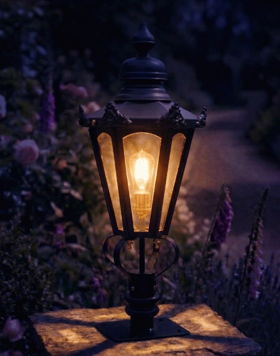 Digital Illustration of the 76cm Black Hexagonal Pillar Light and Lantern Set Mounted on a Stone Pillar in a Garden Lit up at Night