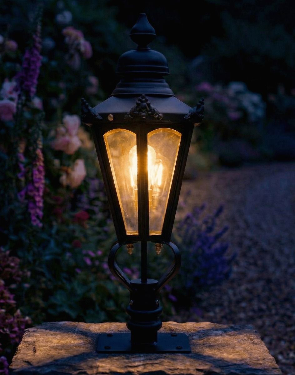 Digital Illustration of the 76cm Black Hexagonal Pillar Light and Lantern Set Mounted on a Stone Pillar in a Garden Viewed from an Angle Lit up at Night