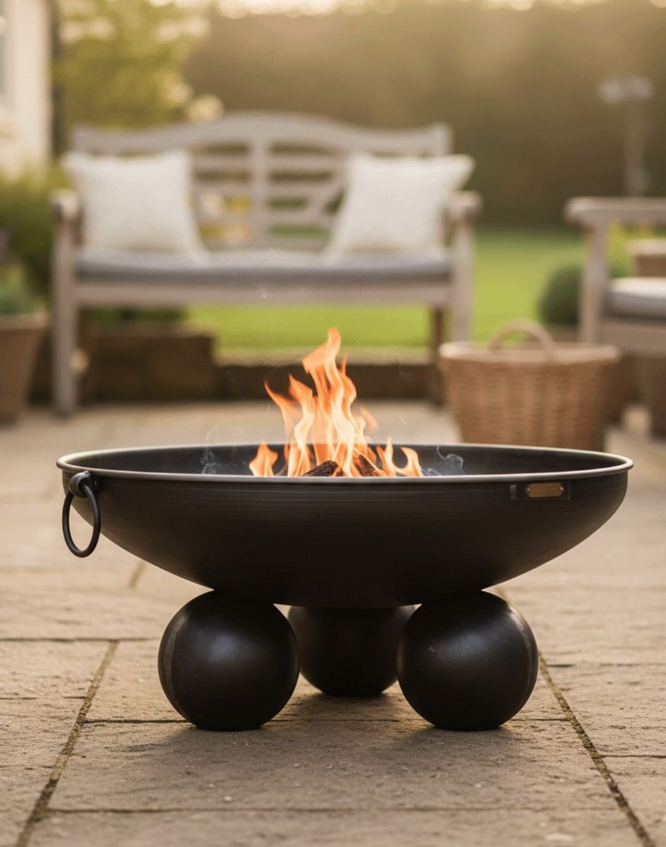 Digital Illustration of the 80cm Fire Bowl With Ball Feet in a Sunny Garden Seating Area