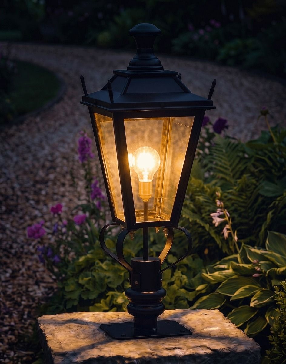 Digital Illustration of the 81cm Black Dorchester Pillar Light and Lantern Set Mounted on a Garden Wall Pillar Whilst Lit up at Night