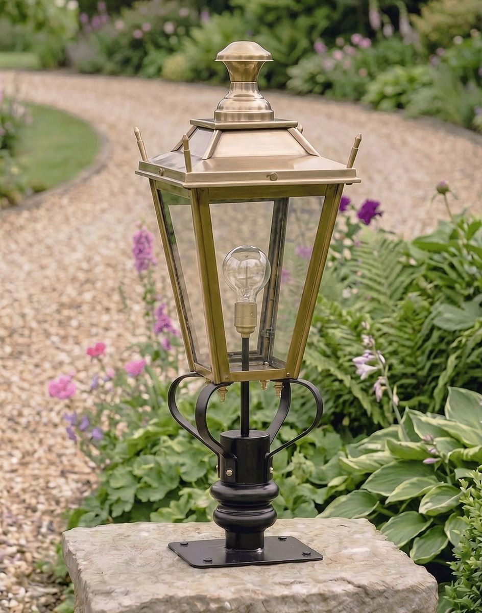 Digital Illustration of the 81cm Brass Dorchester Pillar Light and Lantern Set Mounted on a Stone Wall Garden Pillar