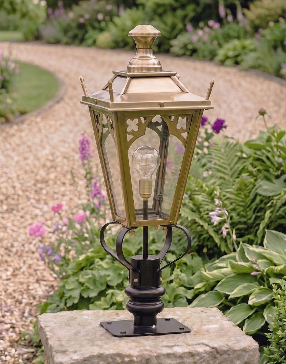 Digital Illustration of the 81cm Brass Gothic Pillar Light and Lantern Set Mounted on a Stone Garden Wall Pillar