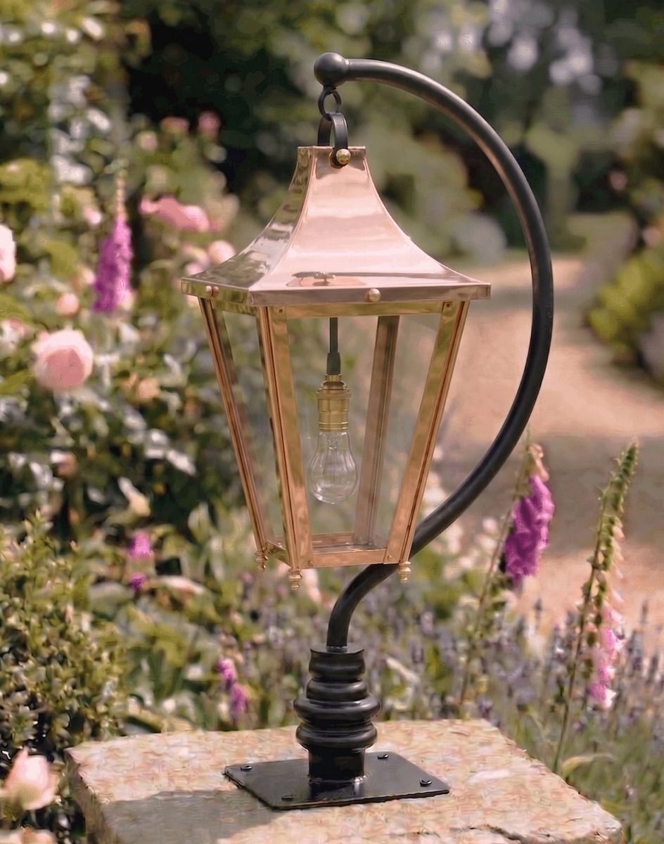 Digital Illustration of the 83cm Copper Swan Neck Pillar & Lantern Mounted on a Stone Garden Pillar